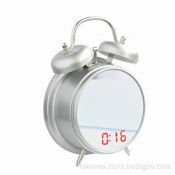 Mirror clock with twin bell, LED time display and alarm function